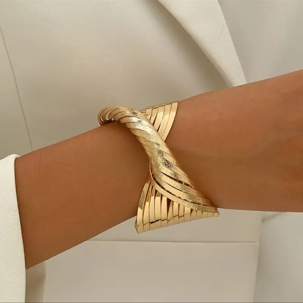 Gold Matte Twisted Line Cuff Bracelet.